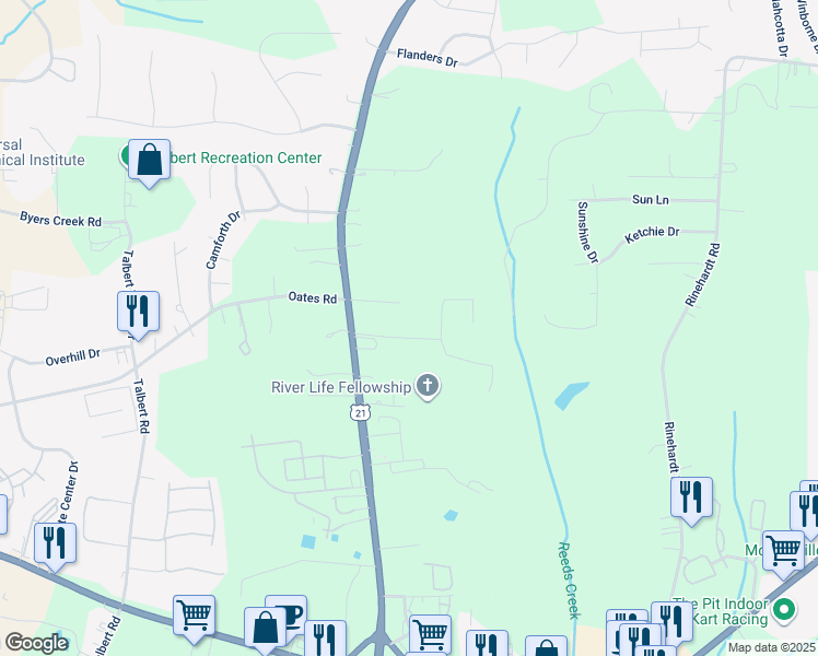 map of restaurants, bars, coffee shops, grocery stores, and more near 131 Brantley Acres Drive in Mooresville