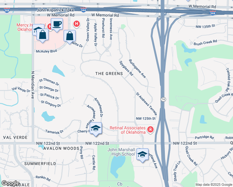 map of restaurants, bars, coffee shops, grocery stores, and more near 12717 Green Valley Drive in Oklahoma City