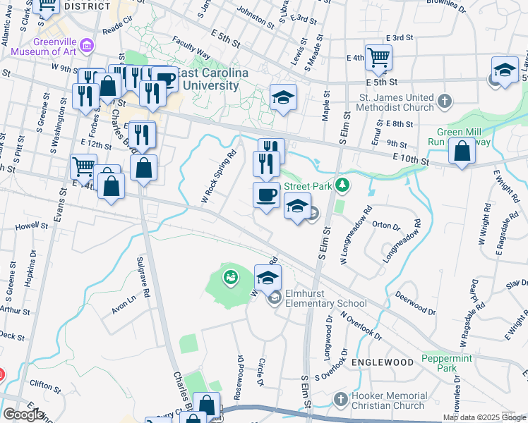 map of restaurants, bars, coffee shops, grocery stores, and more near in Greenville
