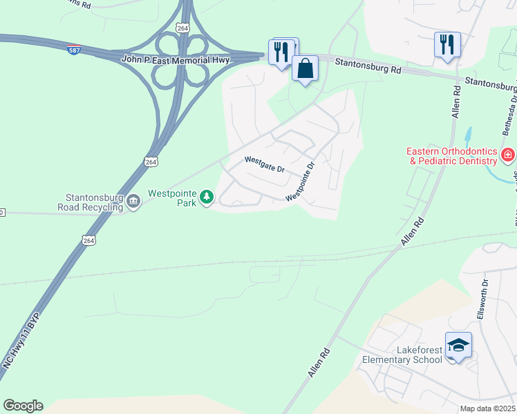 map of restaurants, bars, coffee shops, grocery stores, and more near 3609 Ramsey Drive in Greenville