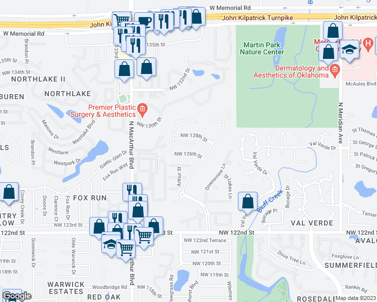 map of restaurants, bars, coffee shops, grocery stores, and more near 5501 Northwest 127th Street in Oklahoma City