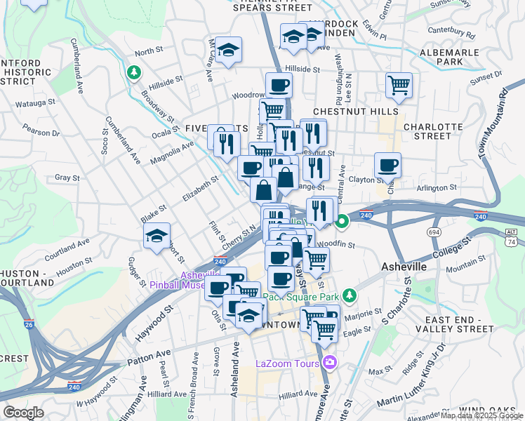 map of restaurants, bars, coffee shops, grocery stores, and more near 44 Merrimon Avenue in Asheville