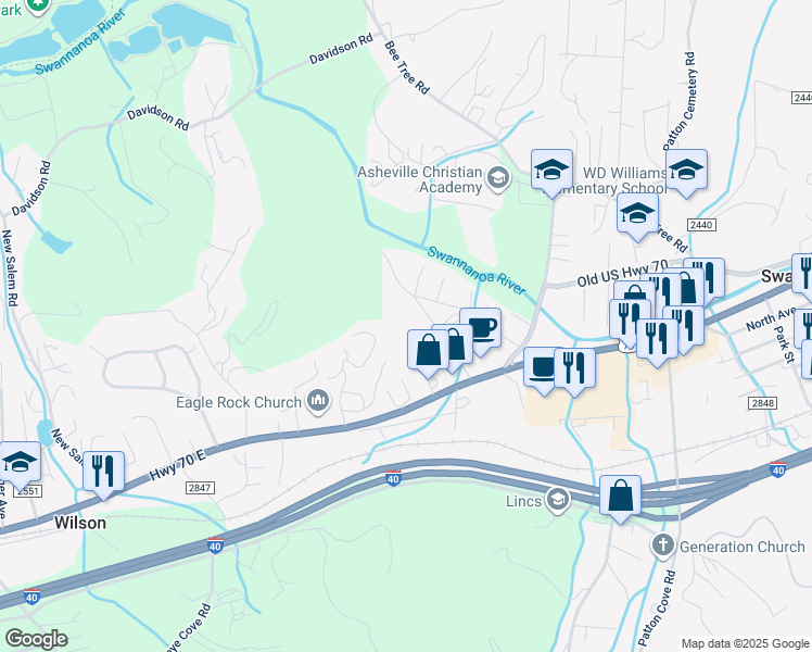 map of restaurants, bars, coffee shops, grocery stores, and more near Franklin Road in Swannanoa