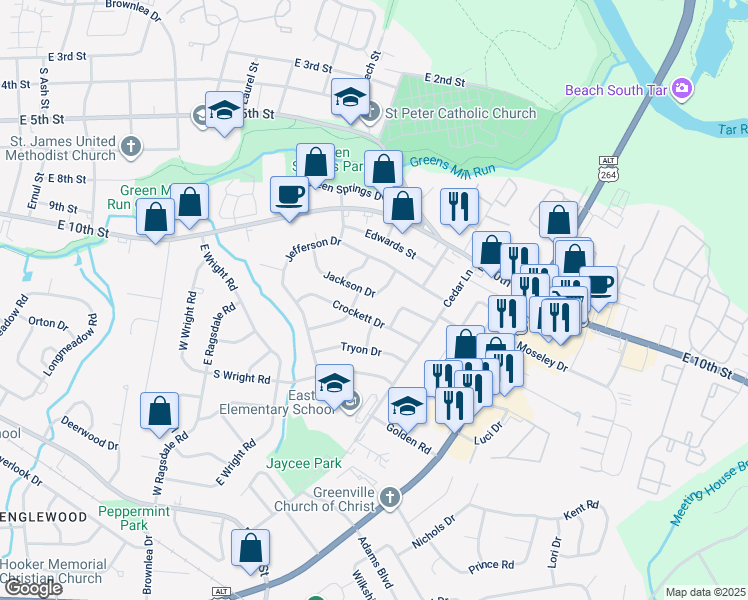 map of restaurants, bars, coffee shops, grocery stores, and more near 2808 Jackson Drive in Greenville