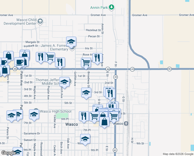 map of restaurants, bars, coffee shops, grocery stores, and more near 1000 1st Street in Wasco