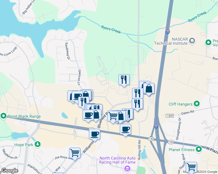 map of restaurants, bars, coffee shops, grocery stores, and more near 160 Carriage Club Drive in Mooresville