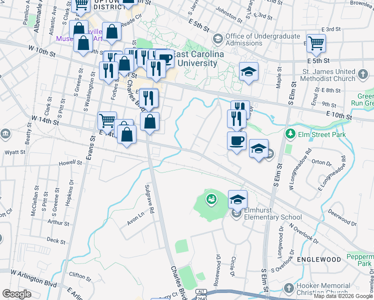 map of restaurants, bars, coffee shops, grocery stores, and more near 1104 West Rock Spring Road in Greenville