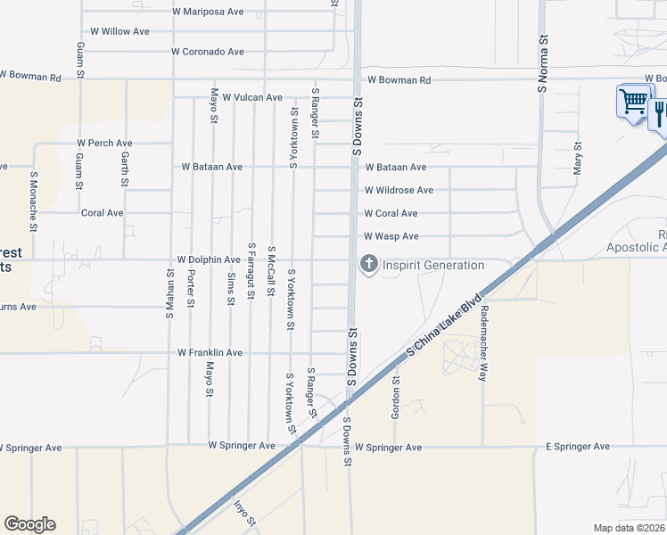 map of restaurants, bars, coffee shops, grocery stores, and more near 900 West Dolphin Avenue in Ridgecrest