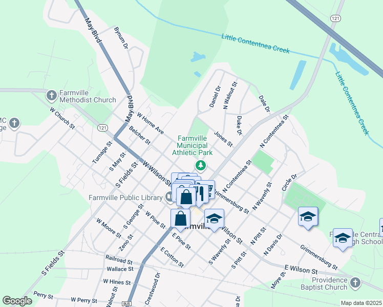 map of restaurants, bars, coffee shops, grocery stores, and more near Ryon Drive in Farmville