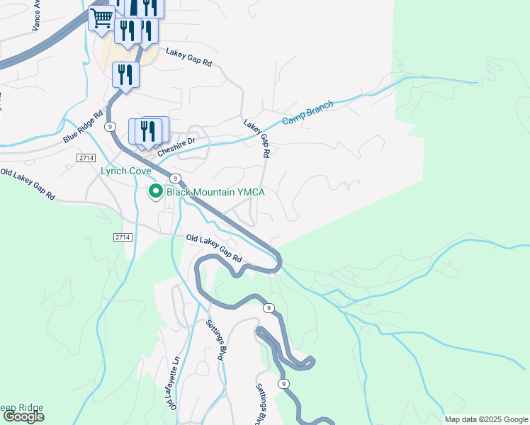 map of restaurants, bars, coffee shops, grocery stores, and more near 5 Timber Park Drive in Black Mountain