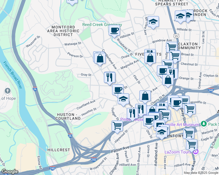 map of restaurants, bars, coffee shops, grocery stores, and more near 165 Montford Avenue in Asheville