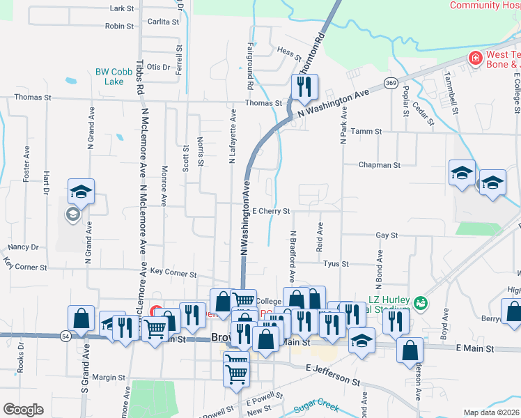 map of restaurants, bars, coffee shops, grocery stores, and more near 719 Cobb Circle in Brownsville