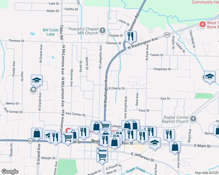 map of restaurants, bars, coffee shops, grocery stores, and more near 805 North Washington Avenue in Brownsville