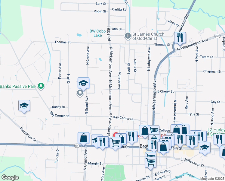 map of restaurants, bars, coffee shops, grocery stores, and more near 764 North McLemore Avenue in Brownsville
