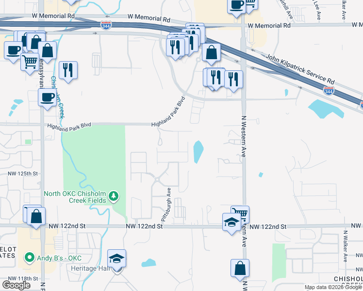 map of restaurants, bars, coffee shops, grocery stores, and more near 12901 William Penn Boulevard in Oklahoma City