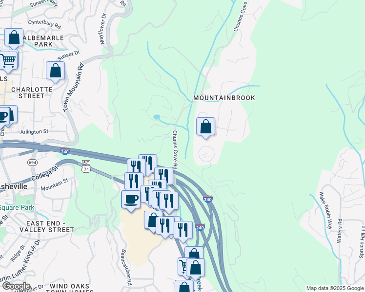 map of restaurants, bars, coffee shops, grocery stores, and more near 169 Chunns Cove Road in Asheville