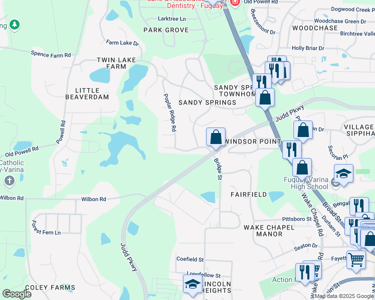 map of restaurants, bars, coffee shops, grocery stores, and more near 500 Three Meadows Road in Fuquay-Varina