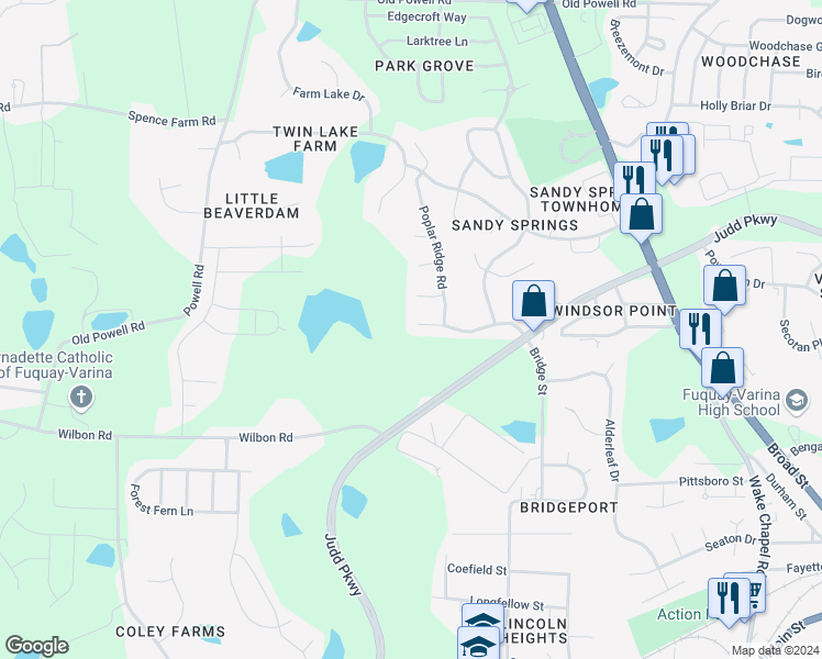 map of restaurants, bars, coffee shops, grocery stores, and more near 621 Three Meadows Road in Fuquay-Varina
