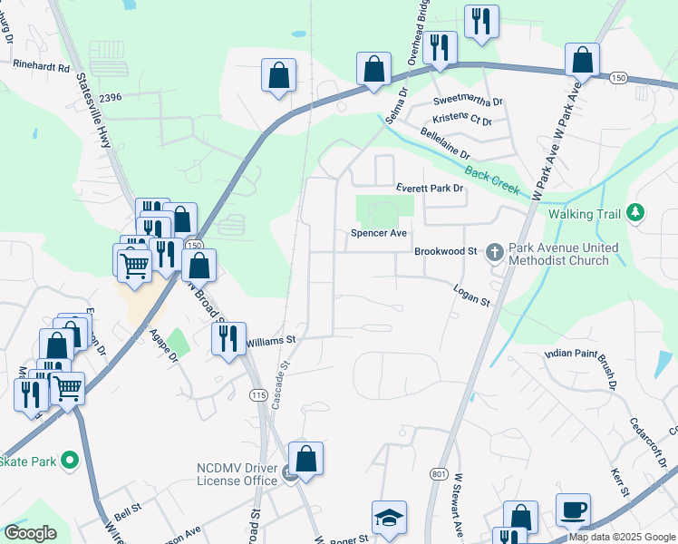 map of restaurants, bars, coffee shops, grocery stores, and more near 41 Selma Drive in Mooresville