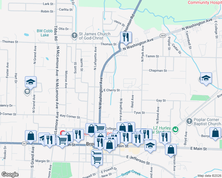 map of restaurants, bars, coffee shops, grocery stores, and more near 719 Cobb Circle in Brownsville