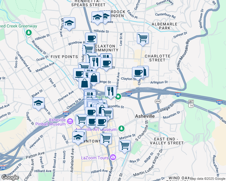 map of restaurants, bars, coffee shops, grocery stores, and more near 53 Orange Street in Asheville
