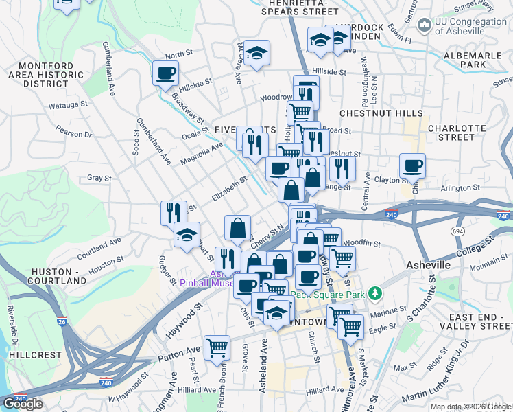 map of restaurants, bars, coffee shops, grocery stores, and more near 32 Elizabeth Place in Asheville