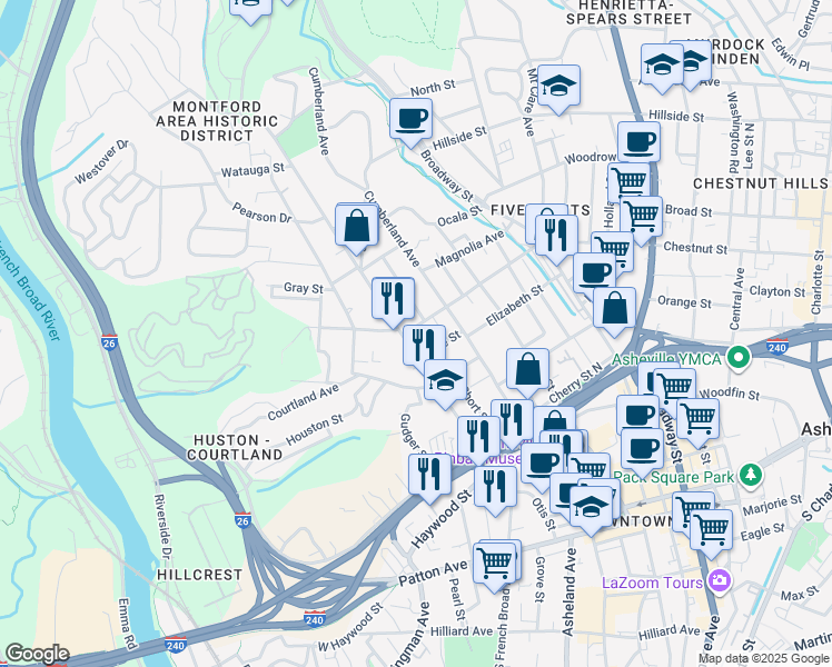 map of restaurants, bars, coffee shops, grocery stores, and more near 165 Montford Avenue in Asheville