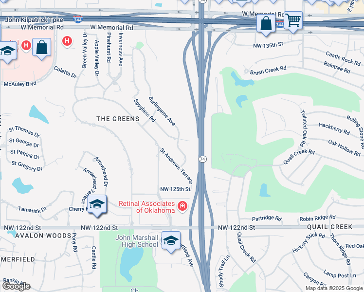 map of restaurants, bars, coffee shops, grocery stores, and more near 3724 Spyglass Road in Oklahoma City