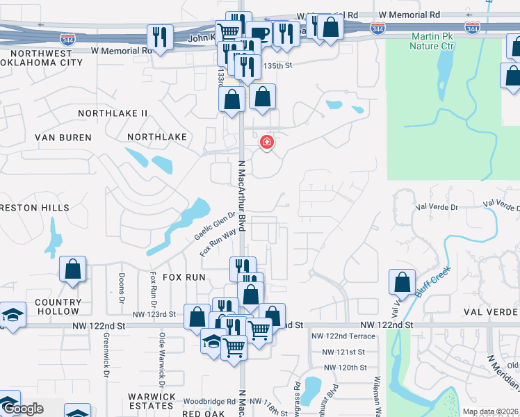 map of restaurants, bars, coffee shops, grocery stores, and more near 5821 Northwest 127th Street in Oklahoma City