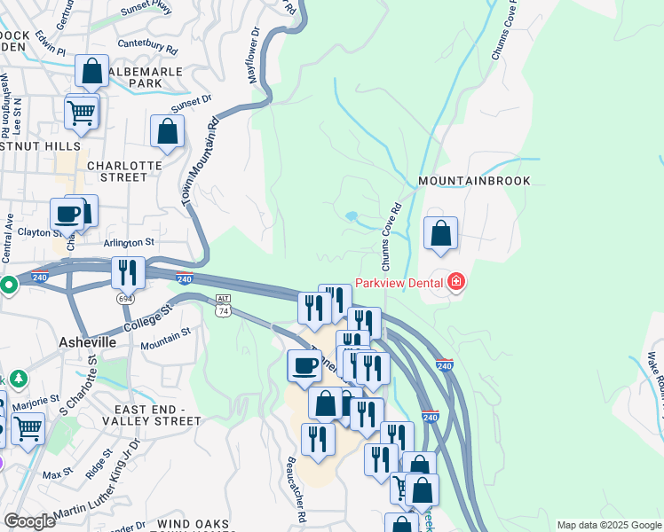 map of restaurants, bars, coffee shops, grocery stores, and more near 303 Buck Cove Terrace in Asheville
