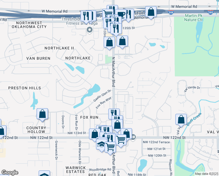 map of restaurants, bars, coffee shops, grocery stores, and more near 5907 Gaelic Glen Drive in Oklahoma City