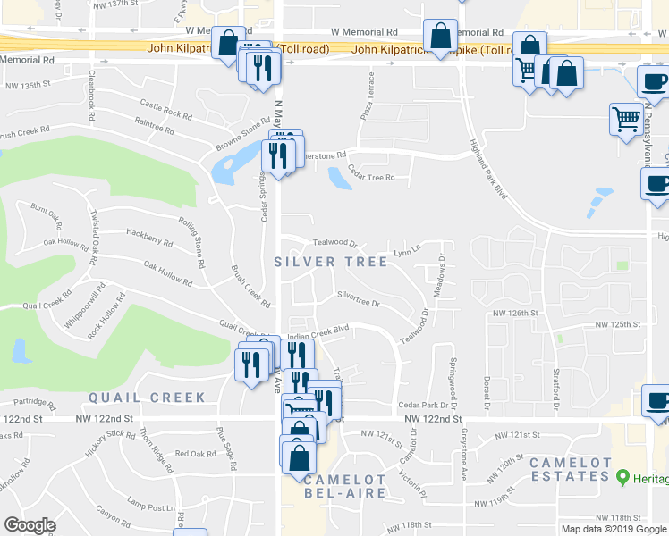 map of restaurants, bars, coffee shops, grocery stores, and more near 12720 Trout Street in Oklahoma City