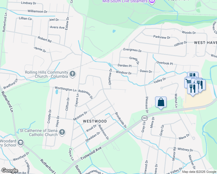map of restaurants, bars, coffee shops, grocery stores, and more near 4003 Glenrose Drive in Columbia