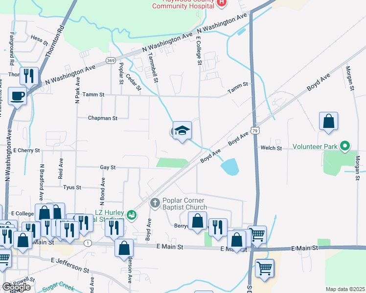 map of restaurants, bars, coffee shops, grocery stores, and more near 1175 East College Street in Brownsville