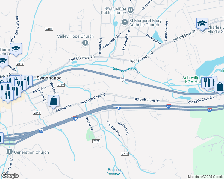 map of restaurants, bars, coffee shops, grocery stores, and more near 332 Richmond Avenue in Swannanoa