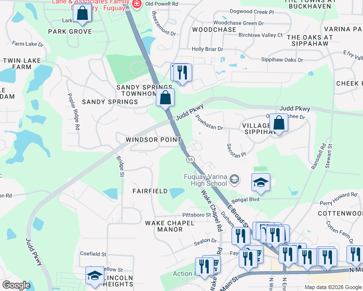 map of restaurants, bars, coffee shops, grocery stores, and more near 1221 Broad Street in Fuquay-Varina