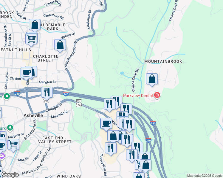 map of restaurants, bars, coffee shops, grocery stores, and more near 303 Buck Cove Terrace in Asheville