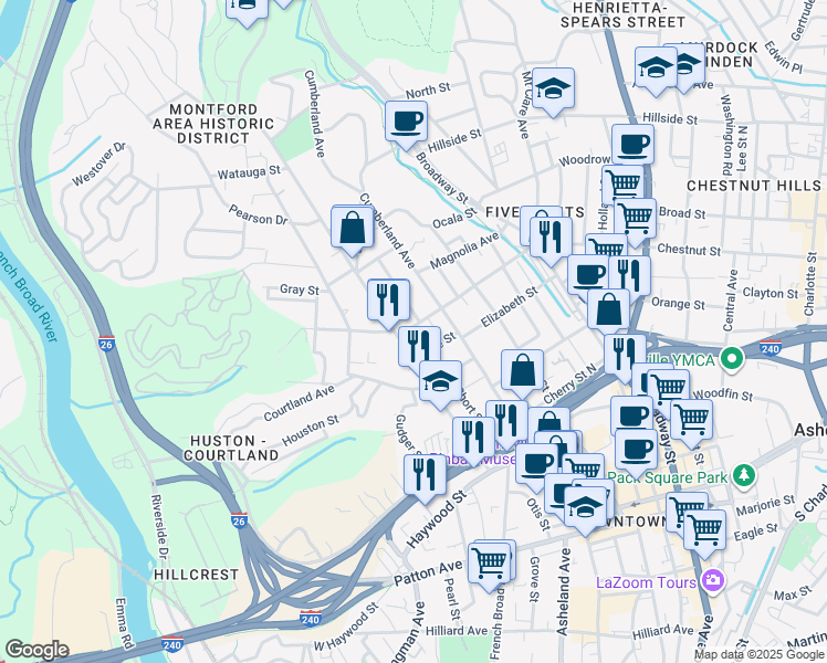 map of restaurants, bars, coffee shops, grocery stores, and more near 116 West Chestnut Street in Asheville
