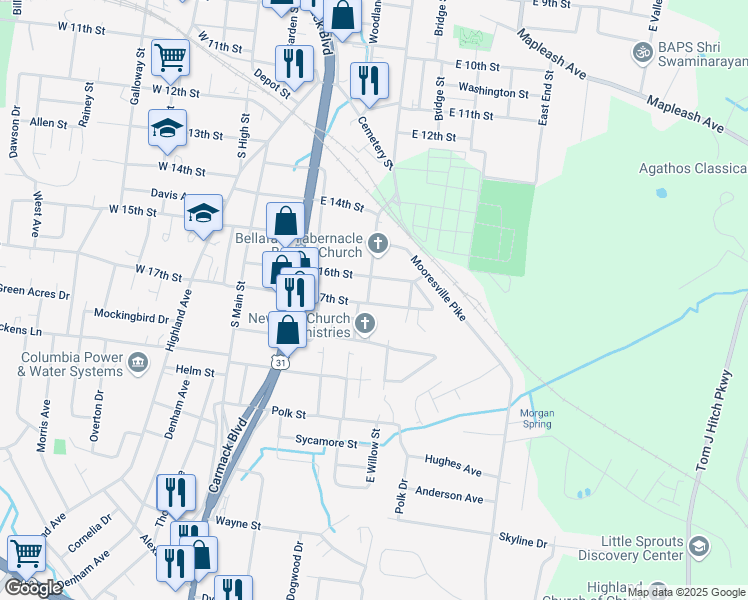 map of restaurants, bars, coffee shops, grocery stores, and more near 1701 Whatley Street in Columbia