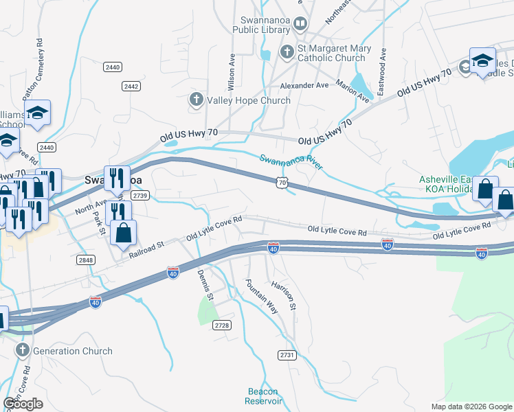 map of restaurants, bars, coffee shops, grocery stores, and more near 332 Richmond Avenue in Swannanoa