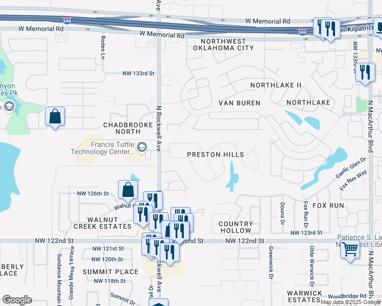 map of restaurants, bars, coffee shops, grocery stores, and more near 6916 Northwest 129th Street in Oklahoma City
