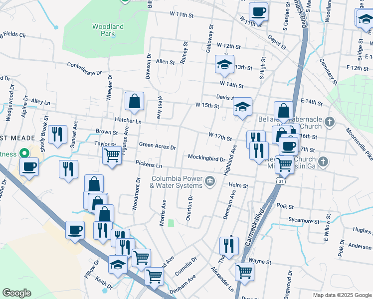 map of restaurants, bars, coffee shops, grocery stores, and more near 236 Mockingbird Drive in Columbia