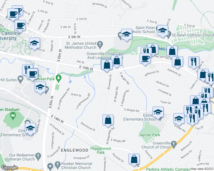 map of restaurants, bars, coffee shops, grocery stores, and more near 1016 Brownlea Drive in Greenville