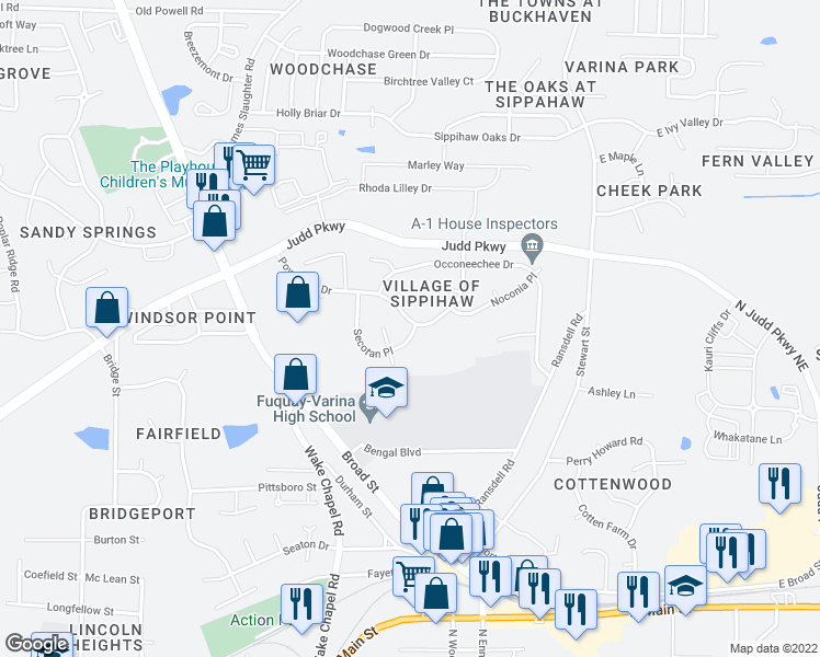 map of restaurants, bars, coffee shops, grocery stores, and more near 1100 Secotan Dr in Fuquay-Varina