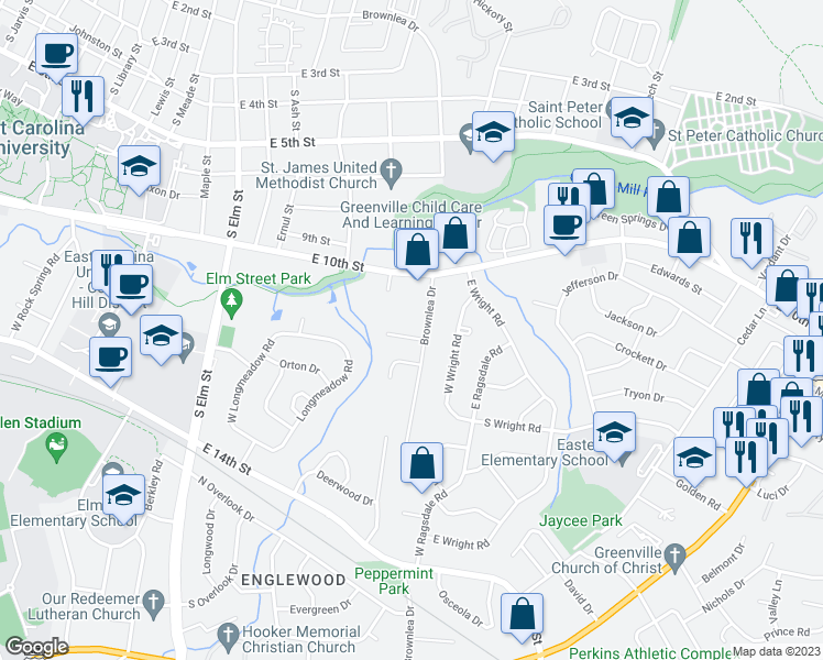 map of restaurants, bars, coffee shops, grocery stores, and more near 102 Maplewood Court in Greenville