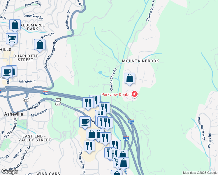 map of restaurants, bars, coffee shops, grocery stores, and more near 141 Chunns Cove Road in Asheville