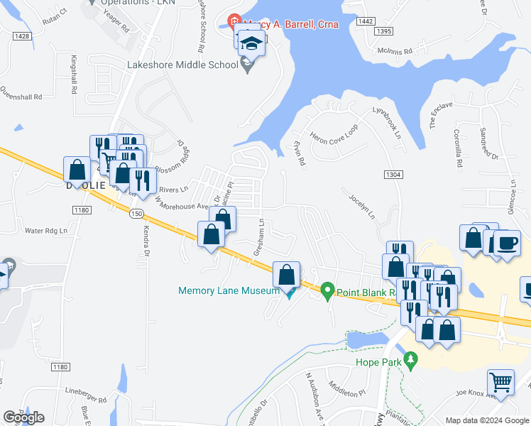 map of restaurants, bars, coffee shops, grocery stores, and more near 148 East Morehouse Avenue in Mooresville
