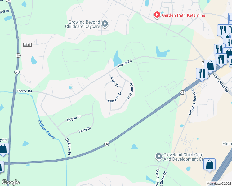 map of restaurants, bars, coffee shops, grocery stores, and more near 204 Princess Drive in Garner