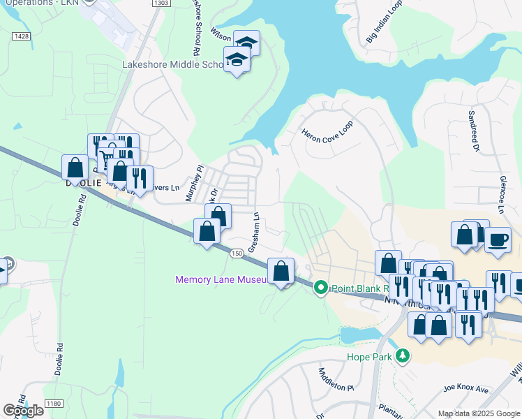 map of restaurants, bars, coffee shops, grocery stores, and more near 148 East Morehouse Avenue in Mooresville