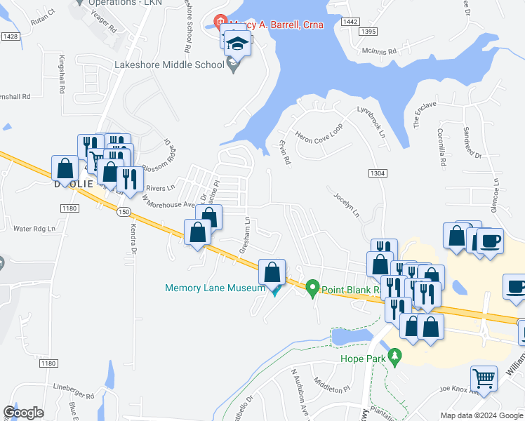 map of restaurants, bars, coffee shops, grocery stores, and more near 156 East Morehouse Avenue in Mooresville